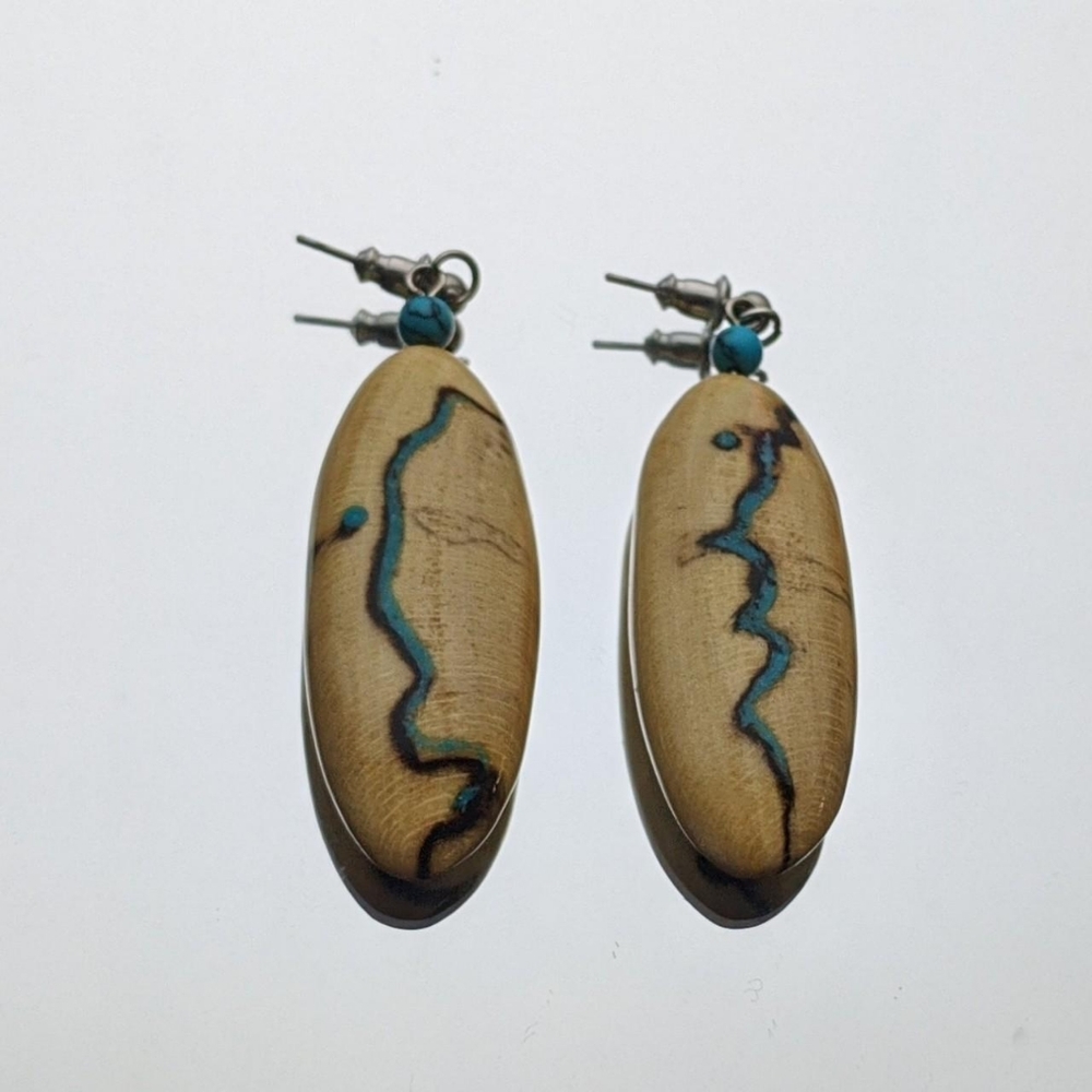 wooden turquoise inlay dangle earrings